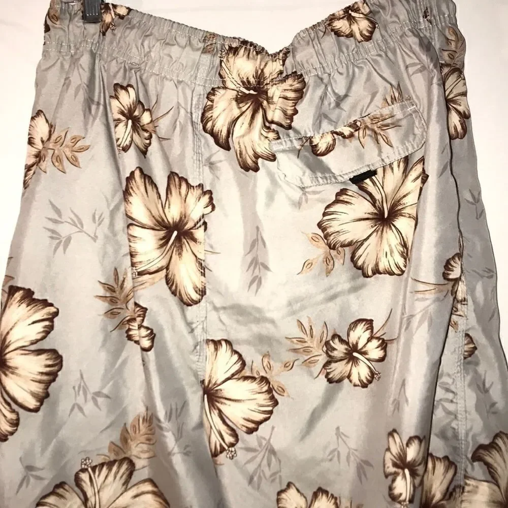 Panama Jack Men's Elastic Waist Drawstring Floral Gray/ Brown Swim Shorts Size M